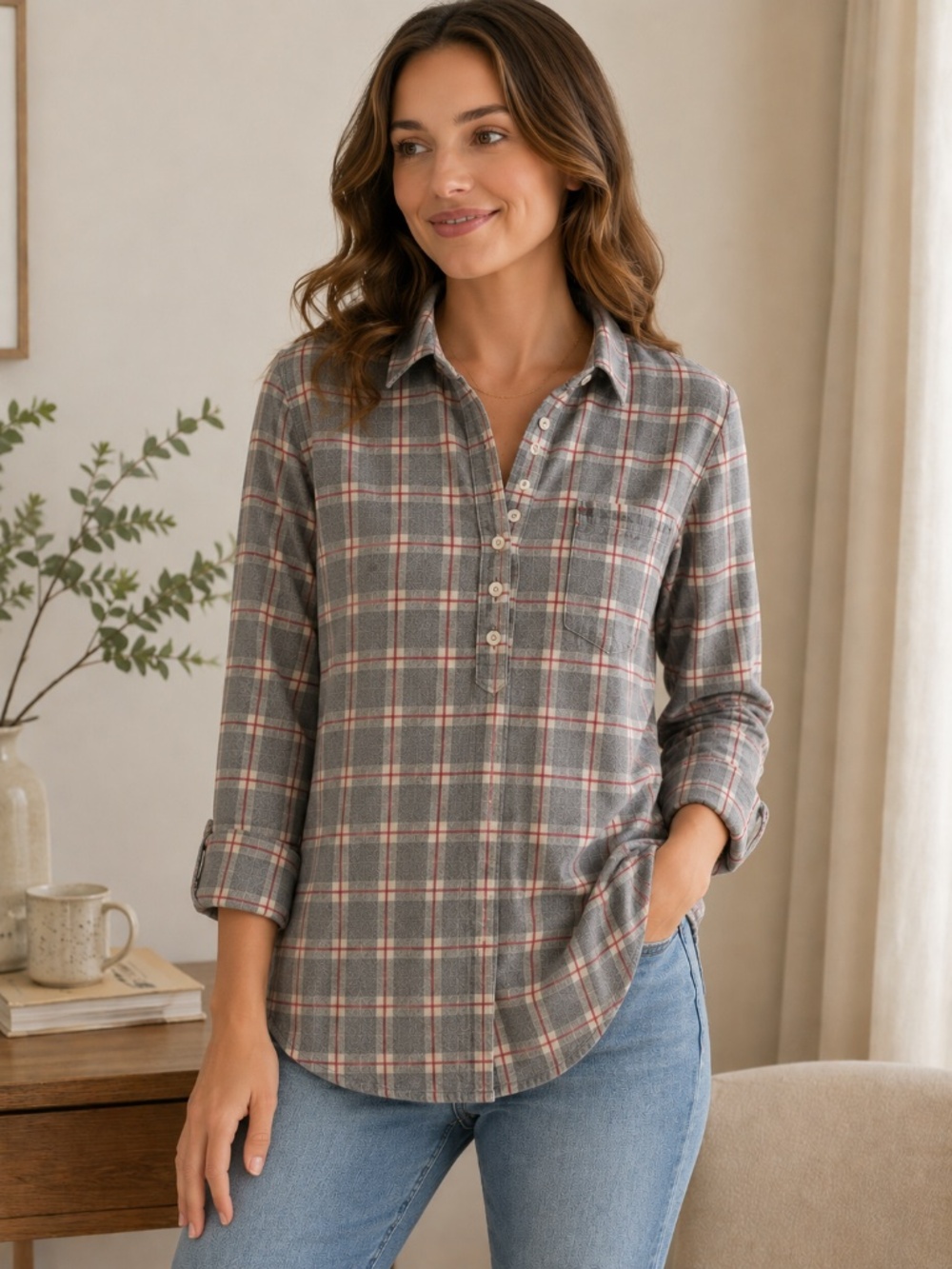 Roots Canada Plaid Flannel Shirt Half Button Down Tunic Top Size Small
